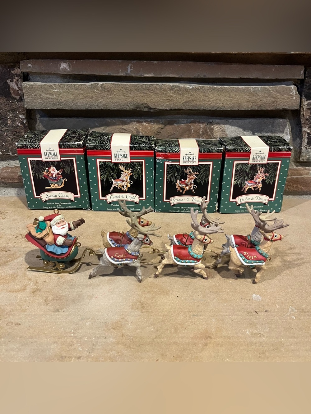 1992 Hallmark Santa & His Reindeer Sleigh Ornament Set